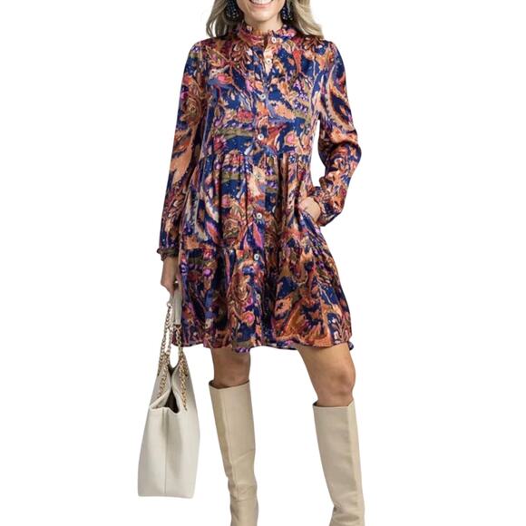 THML Dresses & Skirts - THML Navy Multicolor Metallic Print Ruffle Collar Button Down Mini Dress XS
